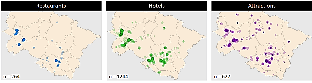 Figure-3: Example of cluster for establishments extracted from Trip Advisor. Marker size is proportional to the number of reviews, an indicator of popularity.